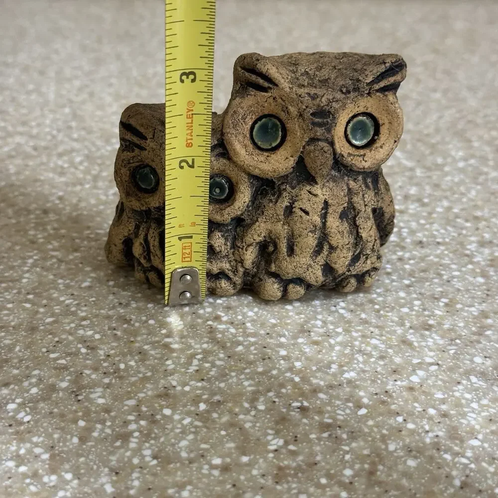 Vintage Stoneware Hoot Owl Figurine Owls Mother Baby Owlet Green Eyes MCM Small